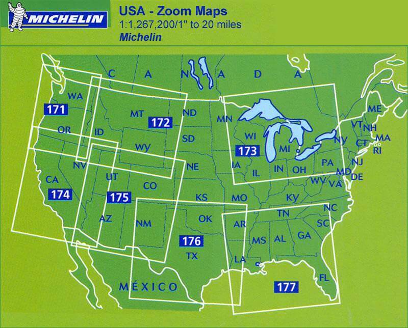 Karteneinteilung / Blattschnitt / Kartenübersicht für die Michelin Zoom USA