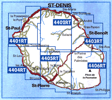 Karteneinteilung / Blattschnitt / Kartenübersicht für die IGN Wanderkarten La Reunion 1:25.000