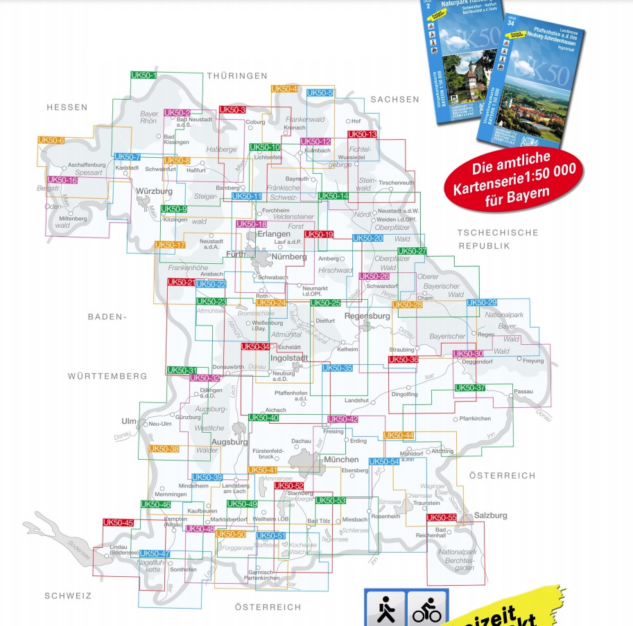 Karteneinteilung / Blattschnitt / Kartenübersicht für die Landesvermessung BY Freizeitkarten 1:50.000