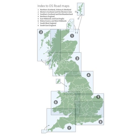 Karteneinteilung / Blattschnitt / Kartenübersicht für die Ordnance Survey GB Road 1:250.000