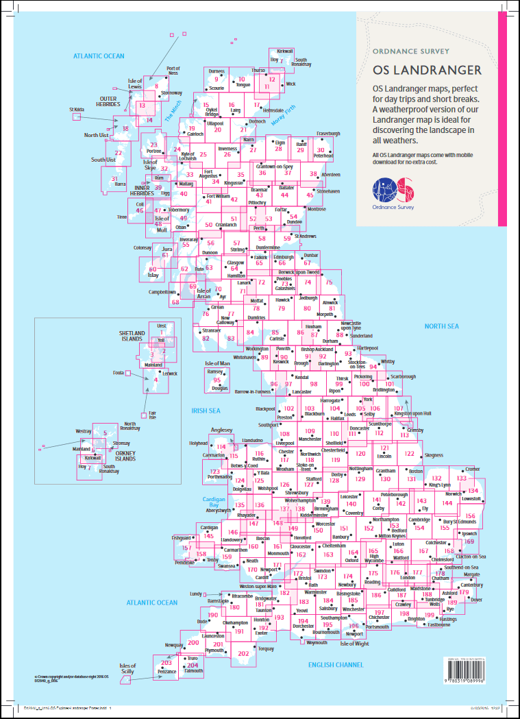 Karteneinteilung / Blattschnitt / Kartenübersicht für die Ordnance Survey GB Landranger 1:50.000