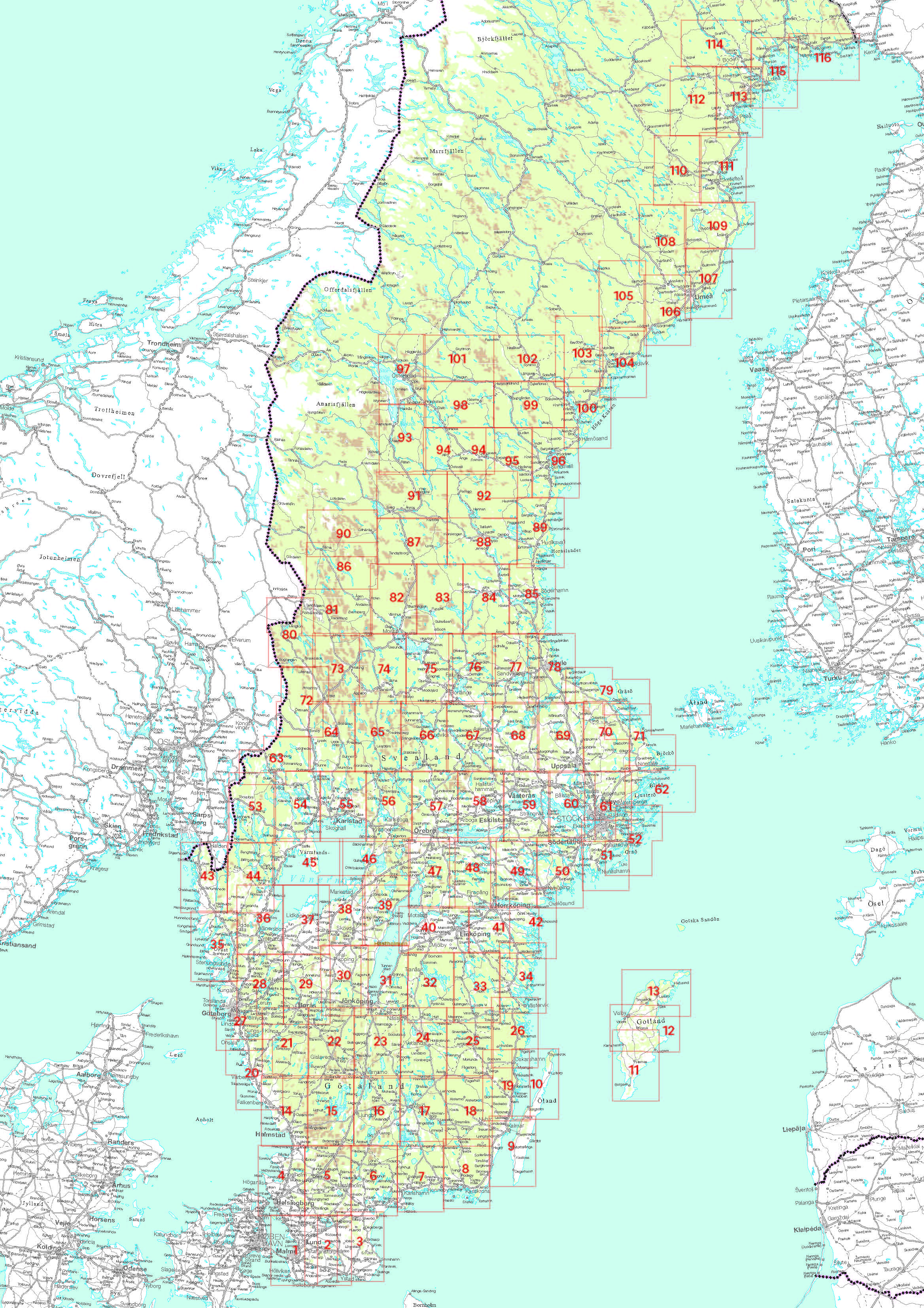 Karteneinteilung / Blattschnitt / Kartenübersicht für die Norstedts Topo50 Schweden 1:50.000