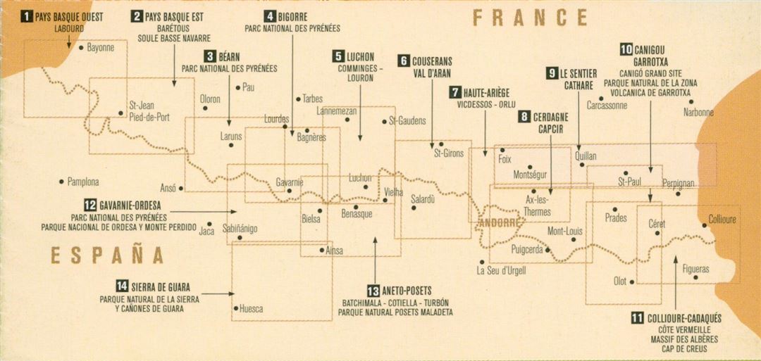 Karteneinteilung / Blattschnitt / Kartenübersicht für die Rando Editions Wanderkarten Pyrenäen 1:50.000