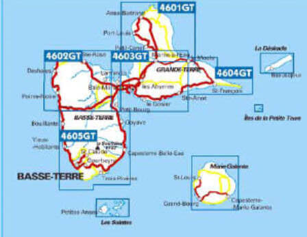 Karteneinteilung / Blattschnitt / Kartenübersicht für die IGN Wanderkarten Guadeloupe 1:25.000