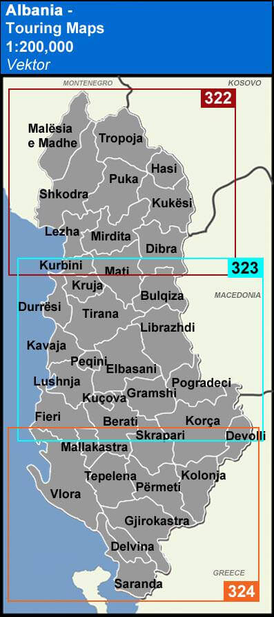 Karteneinteilung / Blattschnitt / Kartenübersicht für die Vektor Straßenkarten Albanien 1:200.000