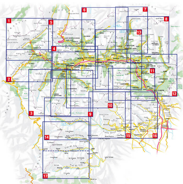 Karteneinteilung / Blattschnitt / Kartenübersicht für die L'Escursionista Wanderkarten Piemont