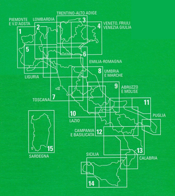 Karteneinteilung / Blattschnitt / Kartenübersicht für die TCI Straßenkarten Italien 1:200.000