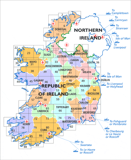 Karteneinteilung / Blattschnitt / Kartenübersicht für die OSI Irland Discovery Series 1:50.000