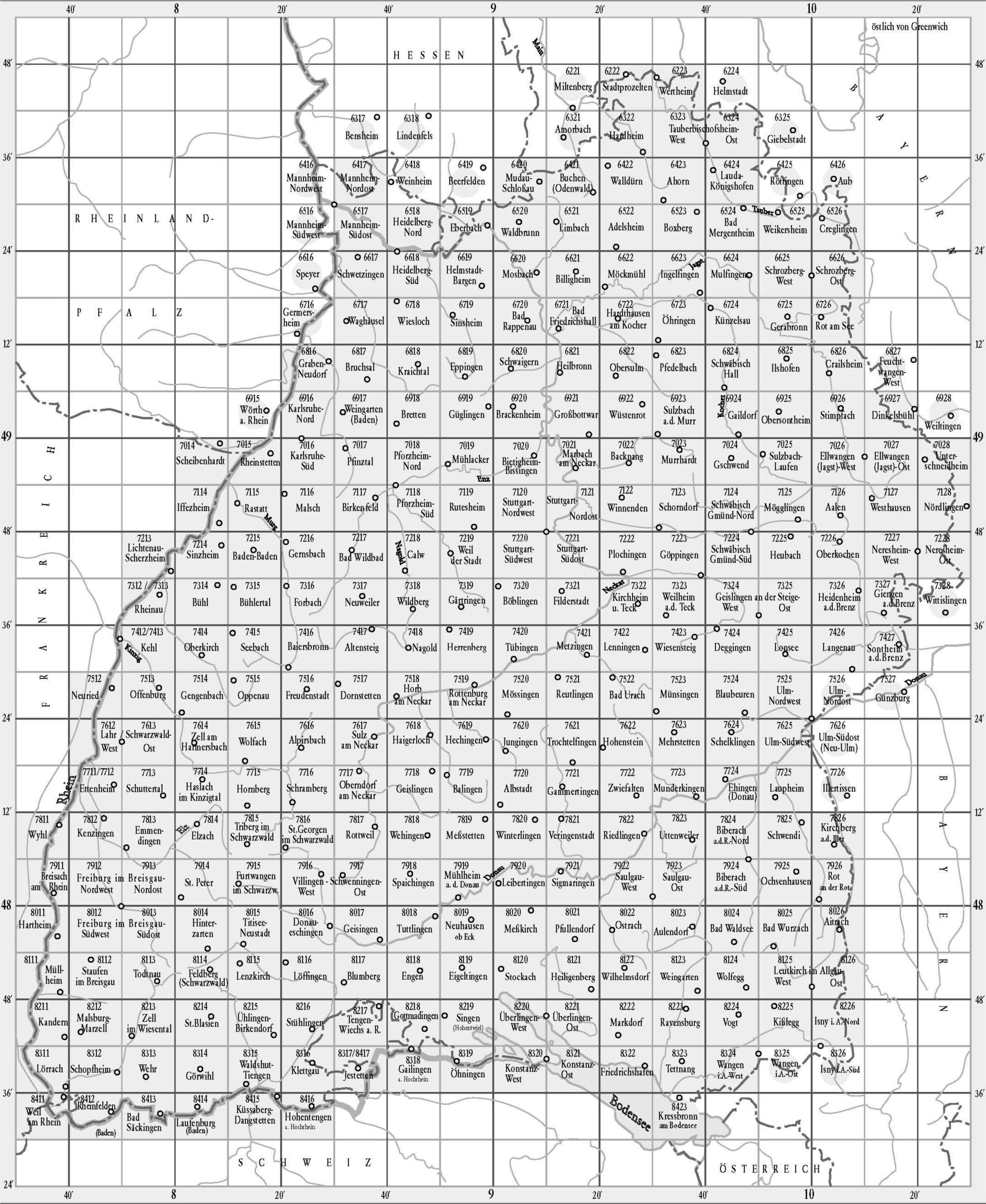 Karteneinteilung / Blattschnitt / Kartenübersicht für die LGL BaWü topografische Karten 1:25.000